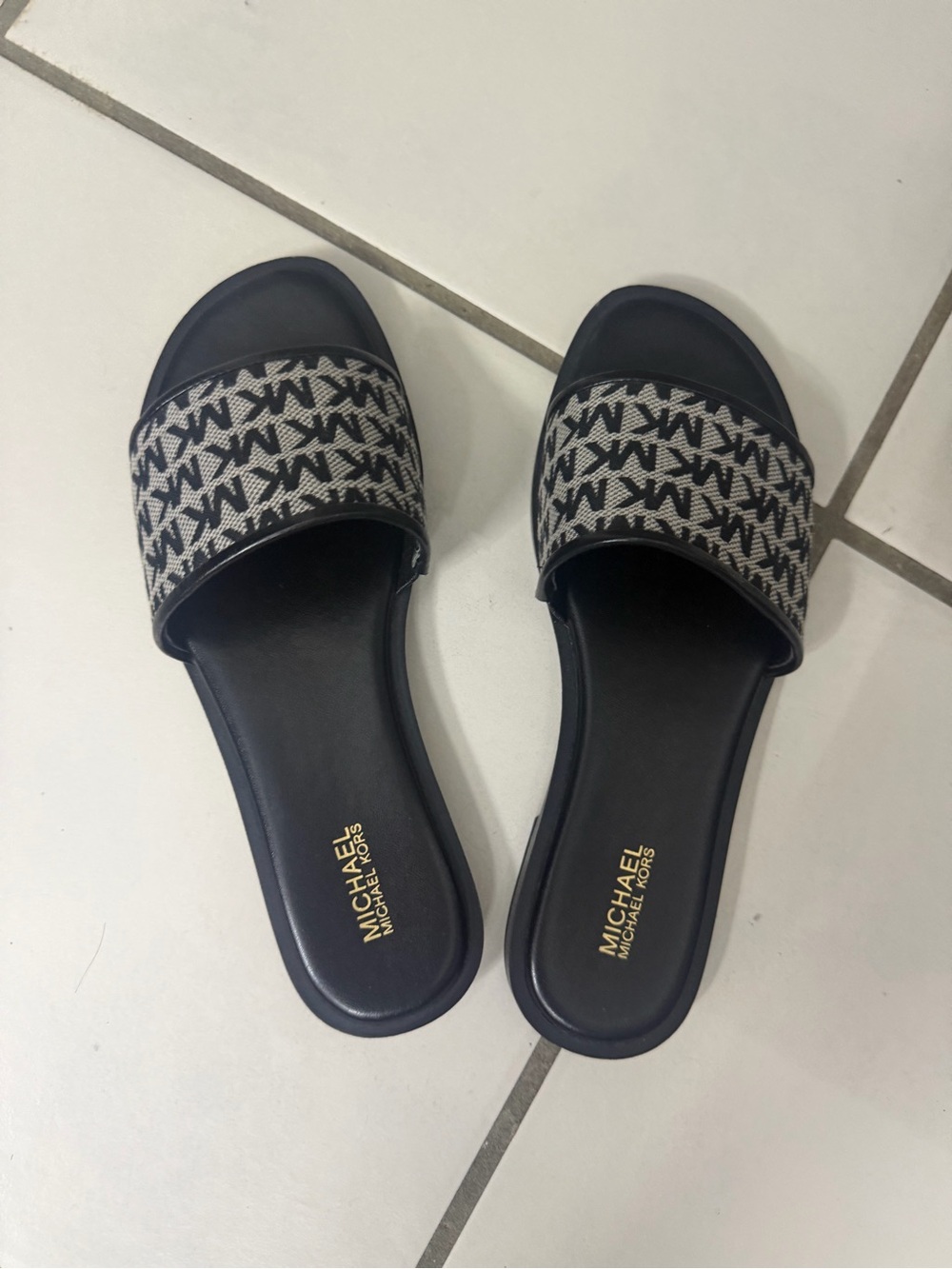 Michael Kors Navy and Ivory MK Logo Slide Sandals